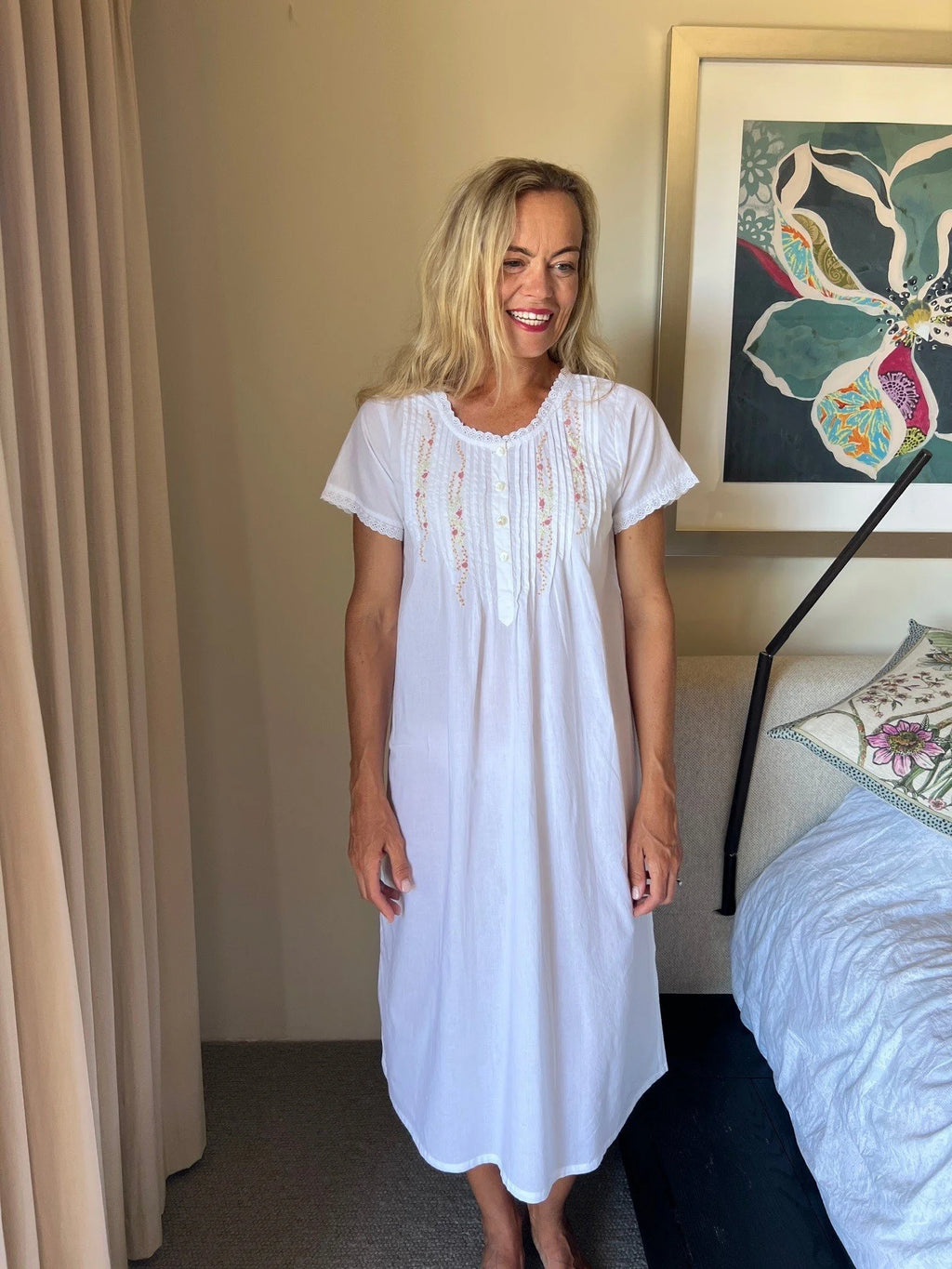 Charlotte White Short Sleeve Nightie With Pink Hand Embroidery