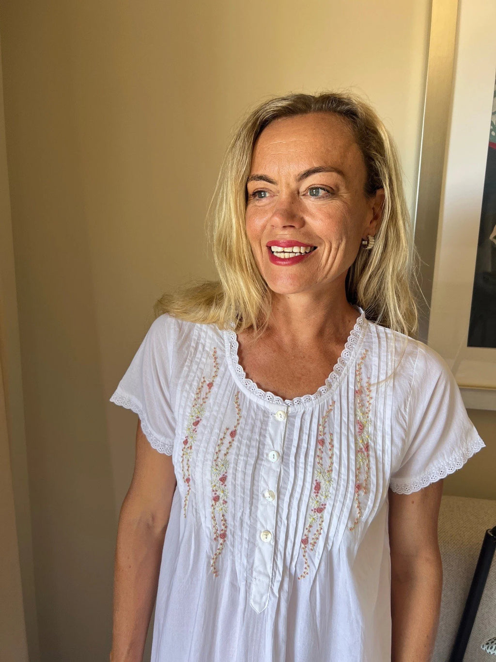 Charlotte White Short Sleeve Nightie With Pink Hand Embroidery