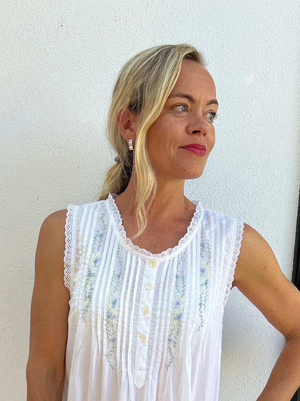 Estelle White Sleeveless Nightie With Blue Hand Embroidery
