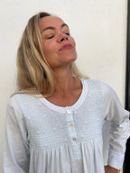 April Brushed Cotton Winceyette Shirred Soft Blue Nightgown