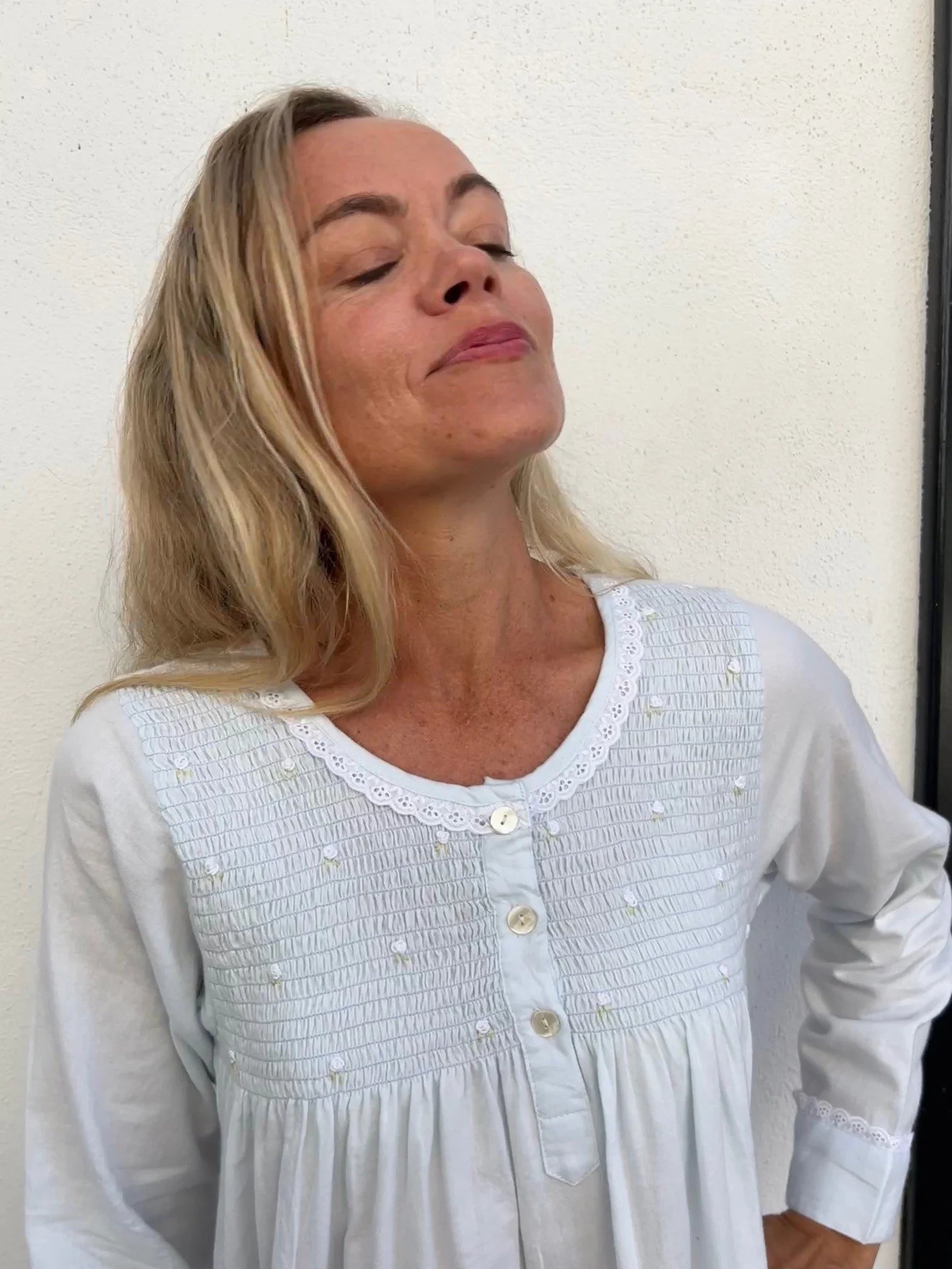 April Brushed Cotton Winceyette Shirred Soft Blue Nightgown