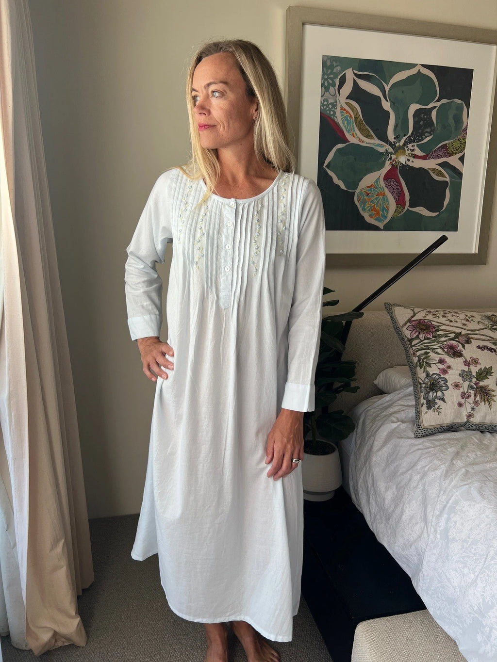 Daisy Brushed Cotton Winceyette Long Sleeve Baby Blue Nightgown