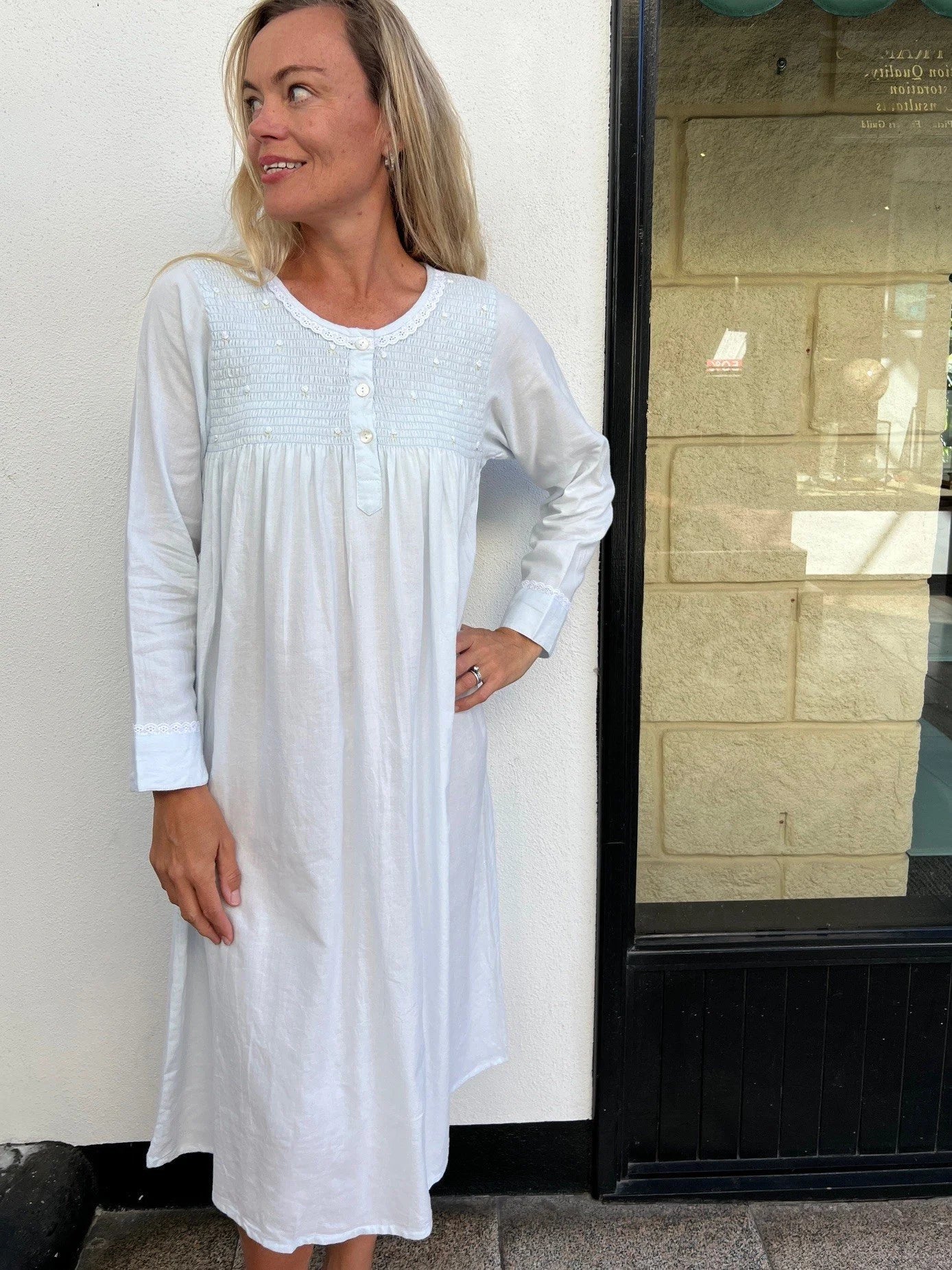 April Brushed Cotton Winceyette Shirred Soft Blue Nightgown