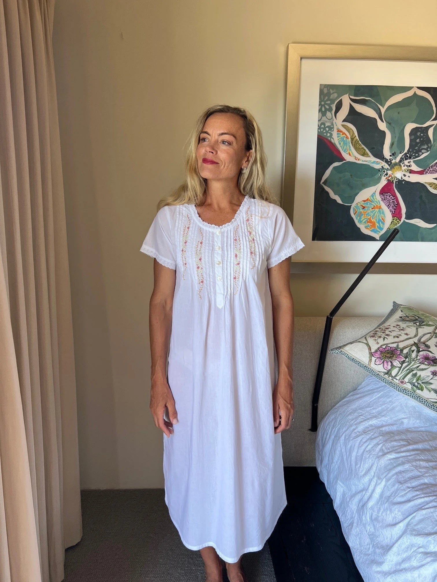 Charlotte White Short Sleeve Nightie With Pink Hand Embroidery