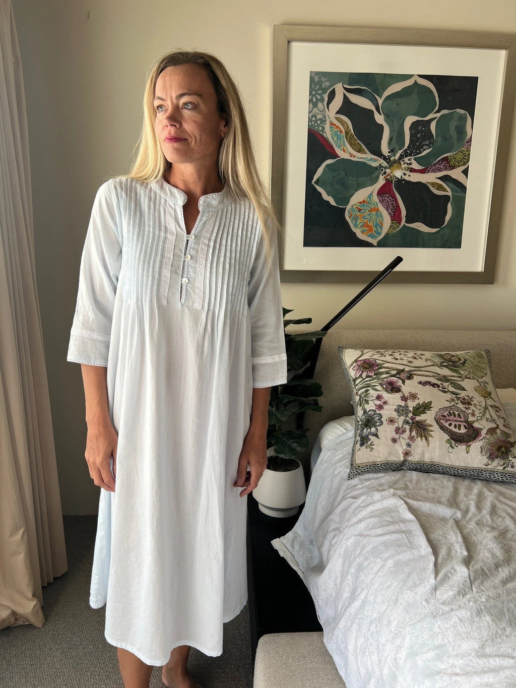 Josephine Brushed Cotton Winceyette Lace Soft Blue Nightgown