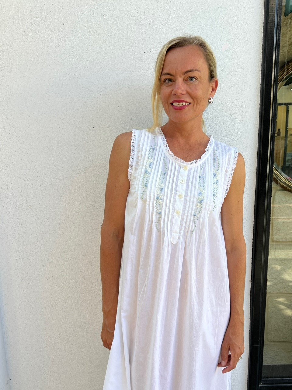 Estelle White Sleeveless Nightie With Blue Hand Embroidery