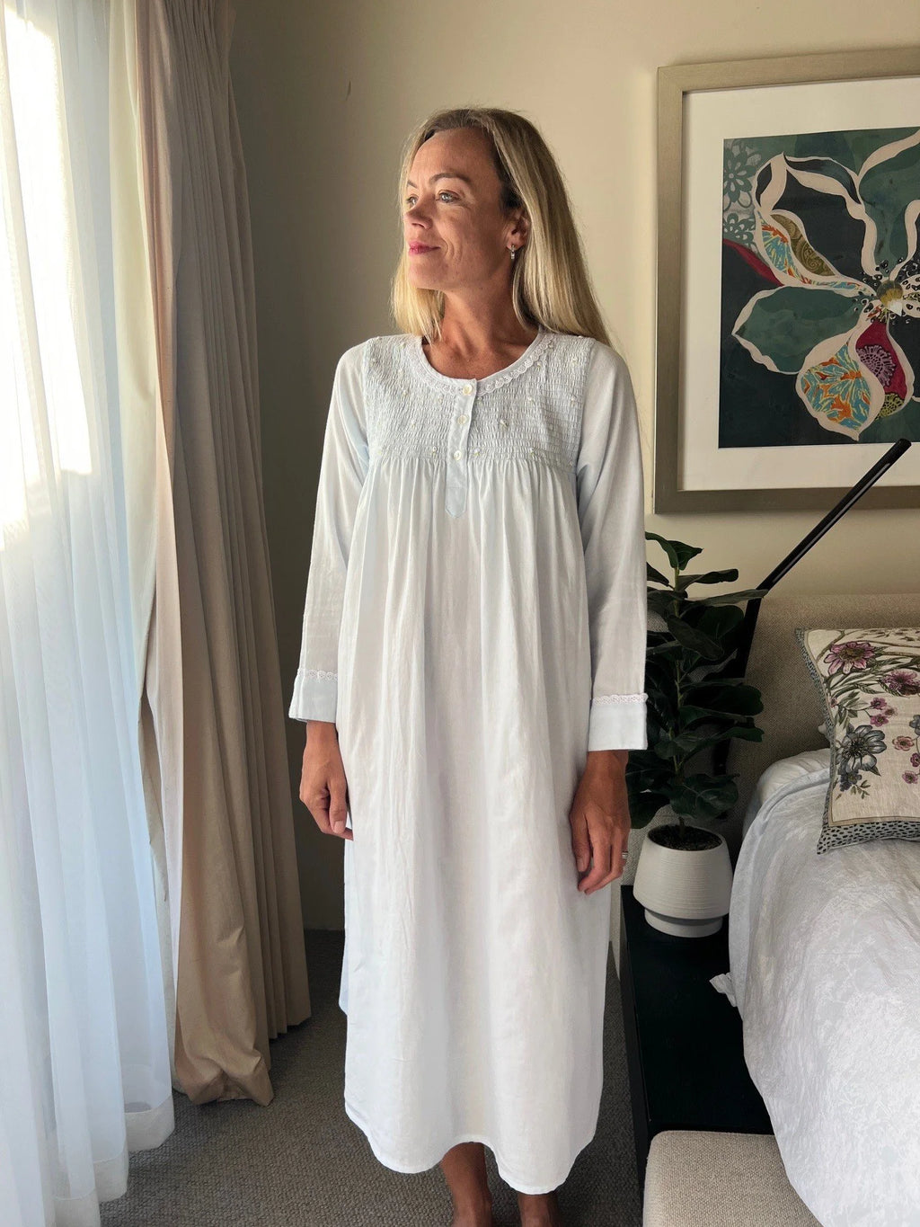 April Brushed Cotton Winceyette Shirred Soft Blue Nightgown