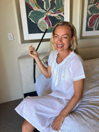 Charlotte White Short Sleeve Nightie With Blue Hand Embroidery