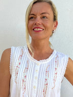 Estelle White Sleeveless Nightie With Pink Hand Embroidery