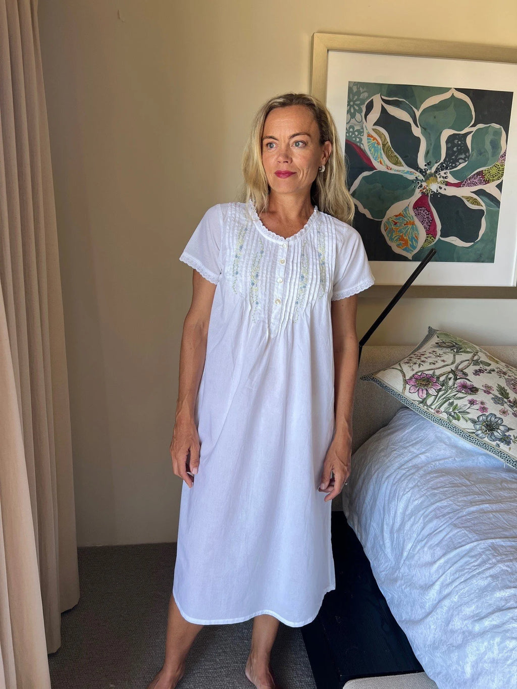 Charlotte White Short Sleeve Nightie With Blue Hand Embroidery