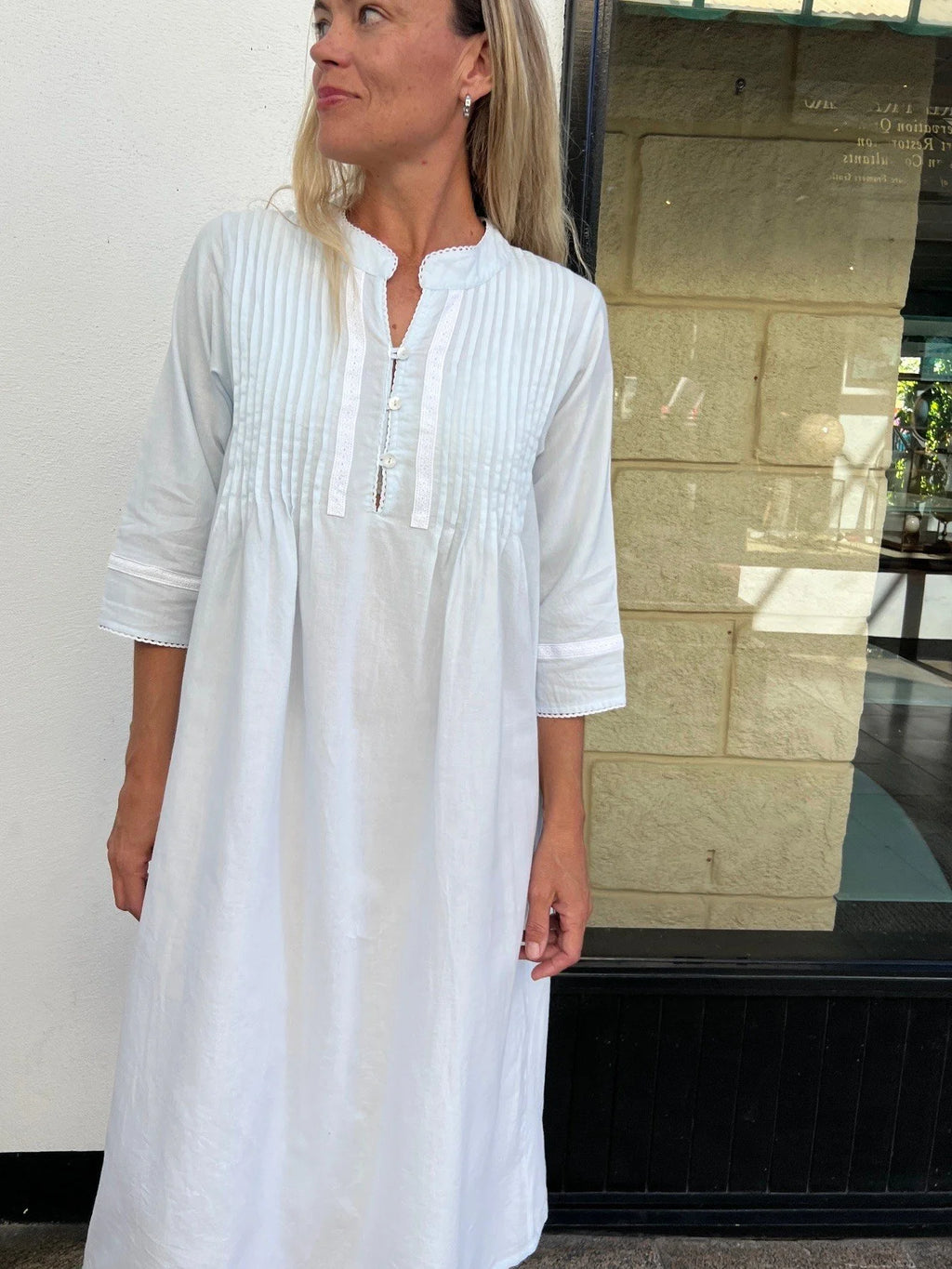 Josephine Brushed Cotton Winceyette Lace Soft Blue Nightgown