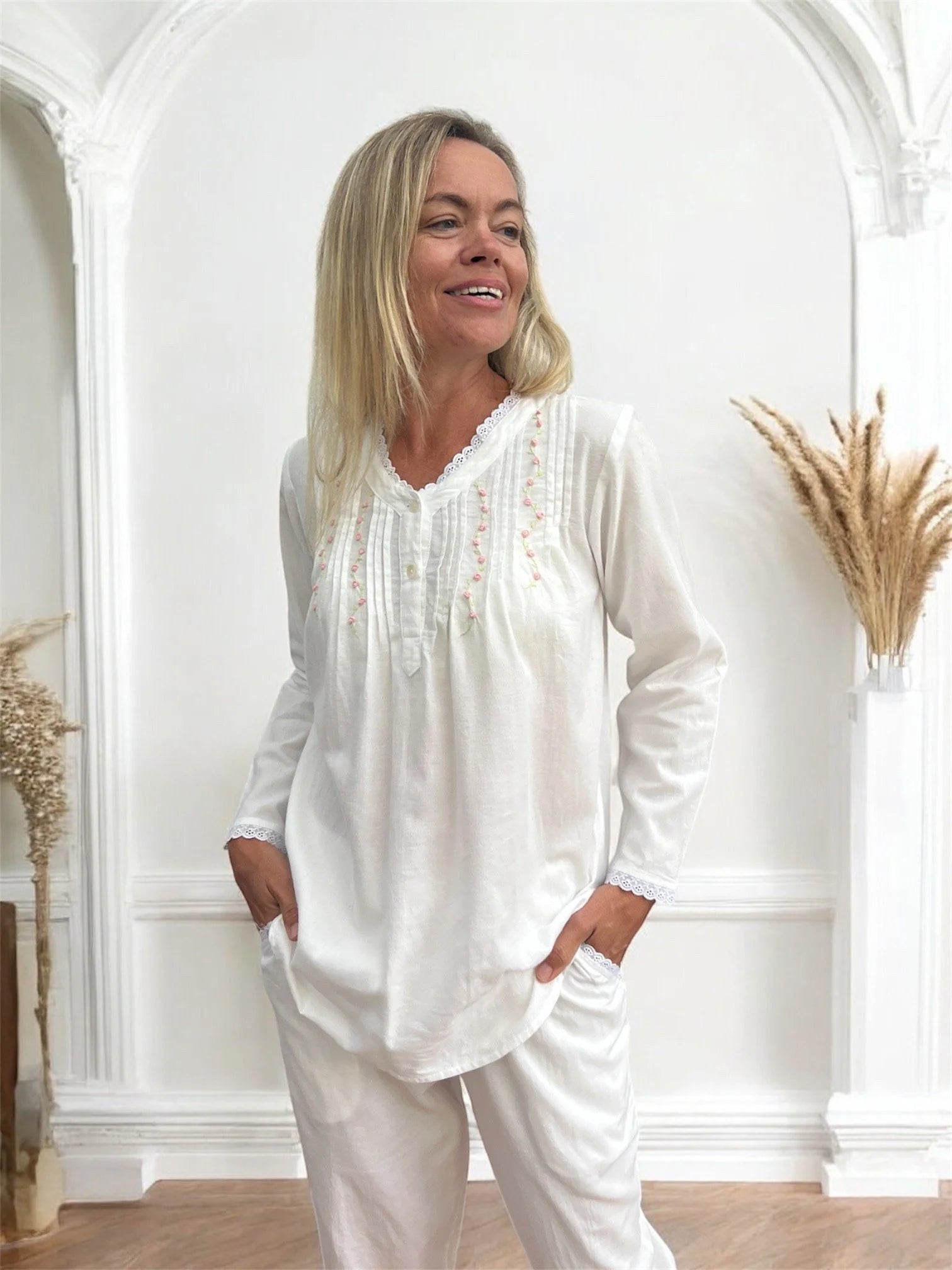 Anastasia Wincey Brushed Cotton Long Sleeve White PJ Set