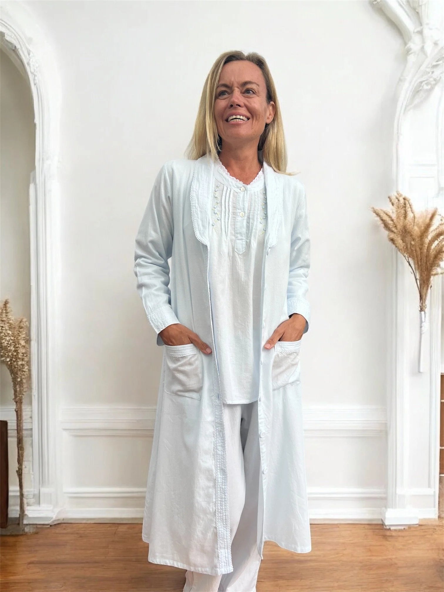 Sophie Wincey Brushed Cotton Soft Blue Brunchcoat