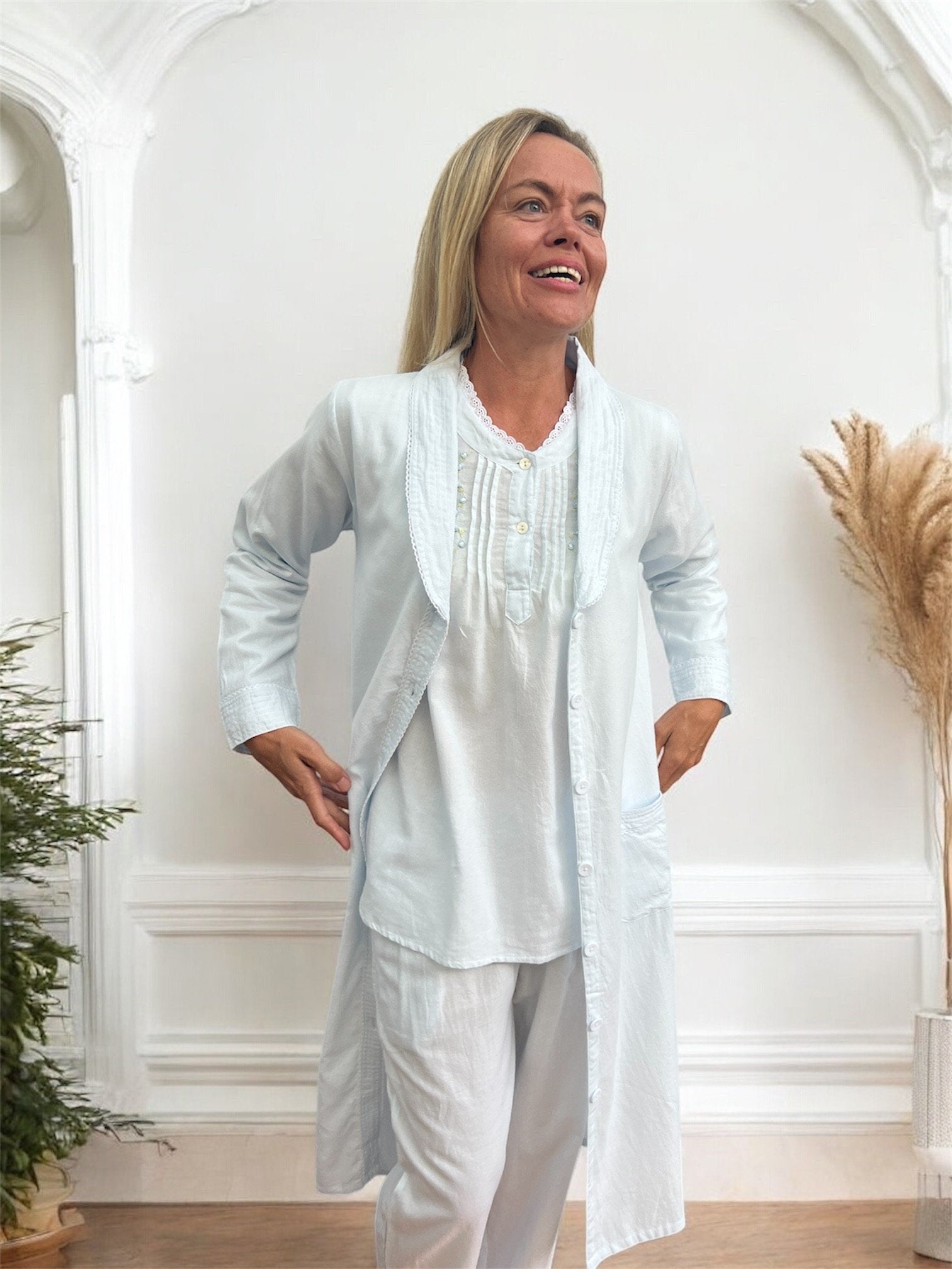 Sophie Wincey Brushed Cotton Soft Blue Brunchcoat