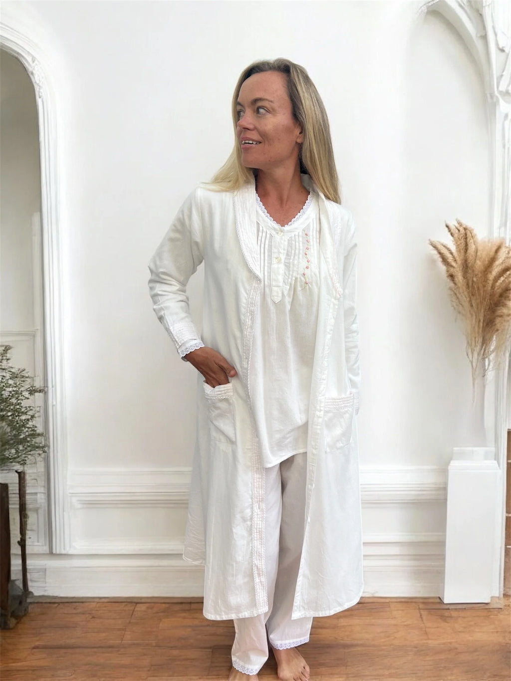 Sophie Wincey Brushed Cotton White Brunchcoat