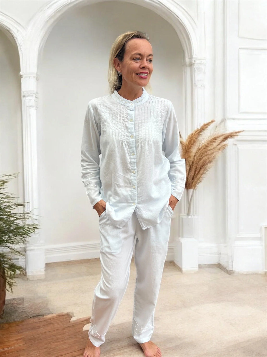 Olivia Wincey Brushed Cotton Long Sleeve Soft Blue PJ Set
