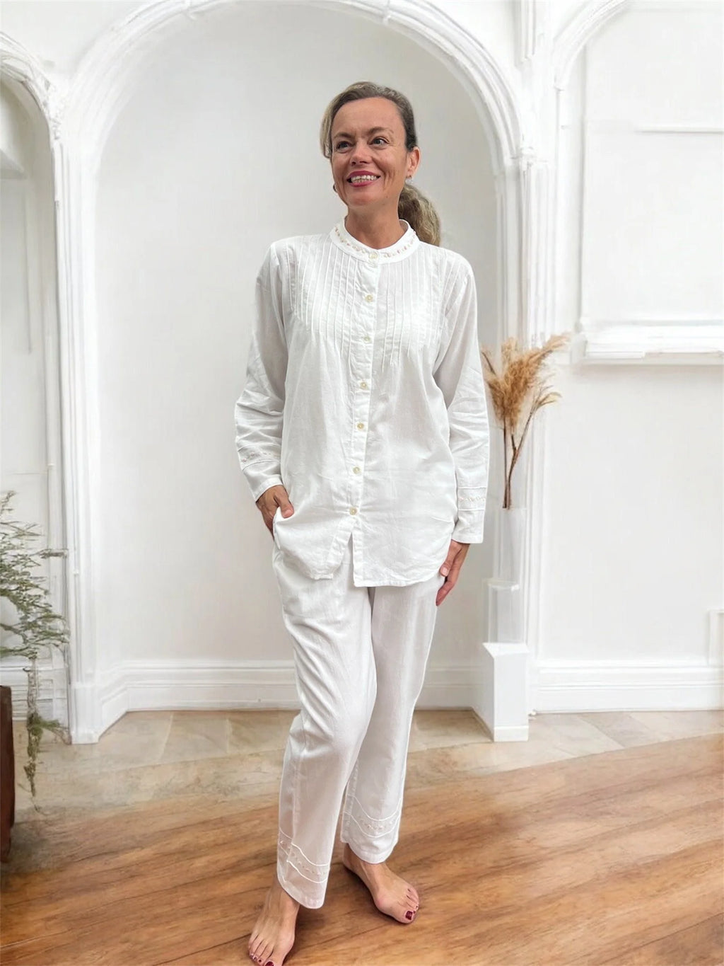 Olivia Wincey Brushed Cotton Long Sleeve Soft White PJ Set